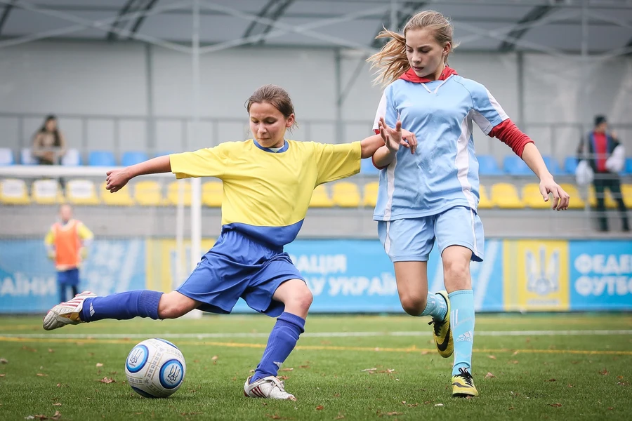 Ukrainian girls play soccer to celebrate International Girl’s Day