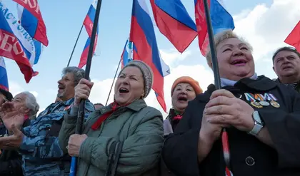 Russian citizens attend rally in Simferopol on Feb. 26, 2014