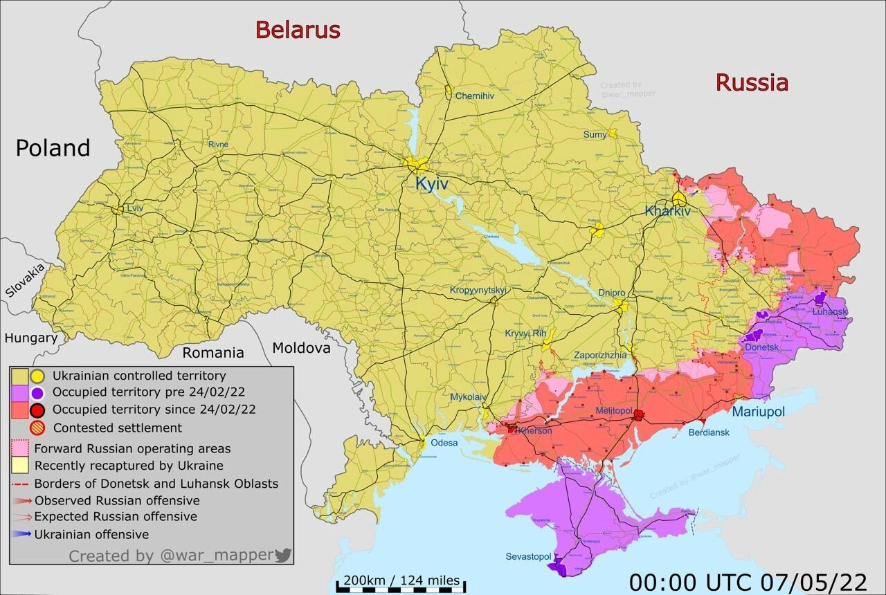 A map of the approximate situation on the ground in Ukraine as of 00:00 UTC  07/05/22