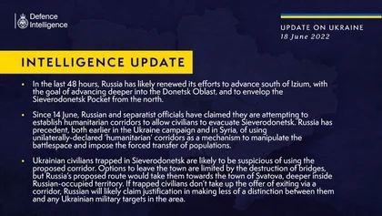 Інформація від військової розвідки Великої Британії про ситуацію в Україні, 18.06.2022