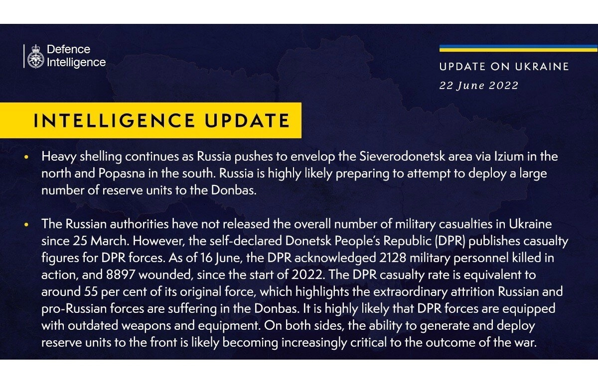 Інформація від військової розвідки Великої Британії про ситуацію в Україні, 22.06.2022