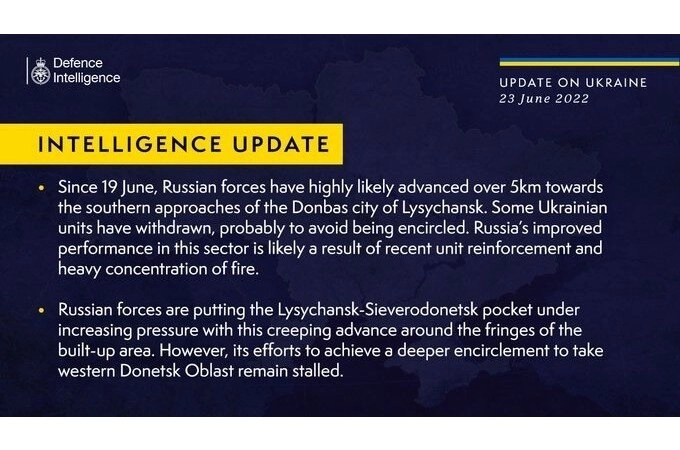 Інформація від військової розвідки Великої Британії про ситуацію в Україні, 23.06.2022