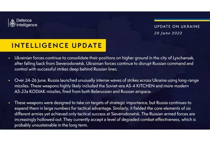 British Defense Intelligence Update, June 28, 2022
