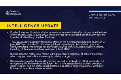 Defence Intelligence update on the situation in Ukraine – 29 June 2022