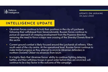 Defence Intelligence Update on Situation in Ukraine – 30 June, 2022