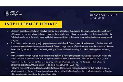 British Defense Intelligence Ukraine Update, July 4, 2022