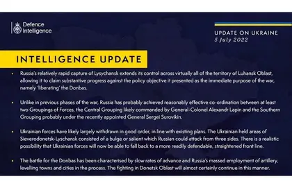 British Defense Intelligence Ukraine Update, July 5, 2022