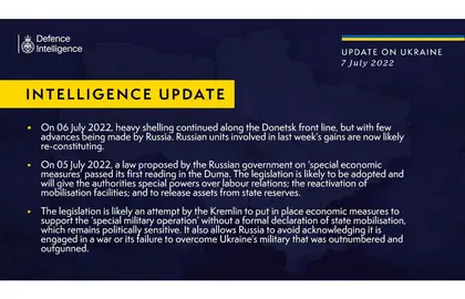 British Defense Intelligence Ukraine Update, July 7, 2022