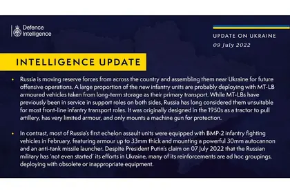 British Defense Intelligence Ukraine Update, July 9, 2022