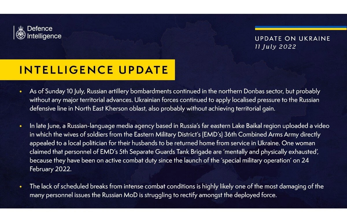 British Defense Intelligence Ukraine Update, July 11, 2022
