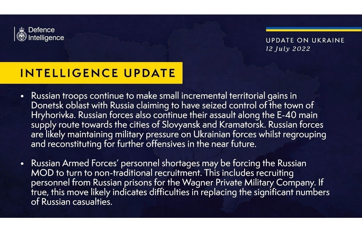 British Defense Intelligence Ukraine Update, July 12, 2022