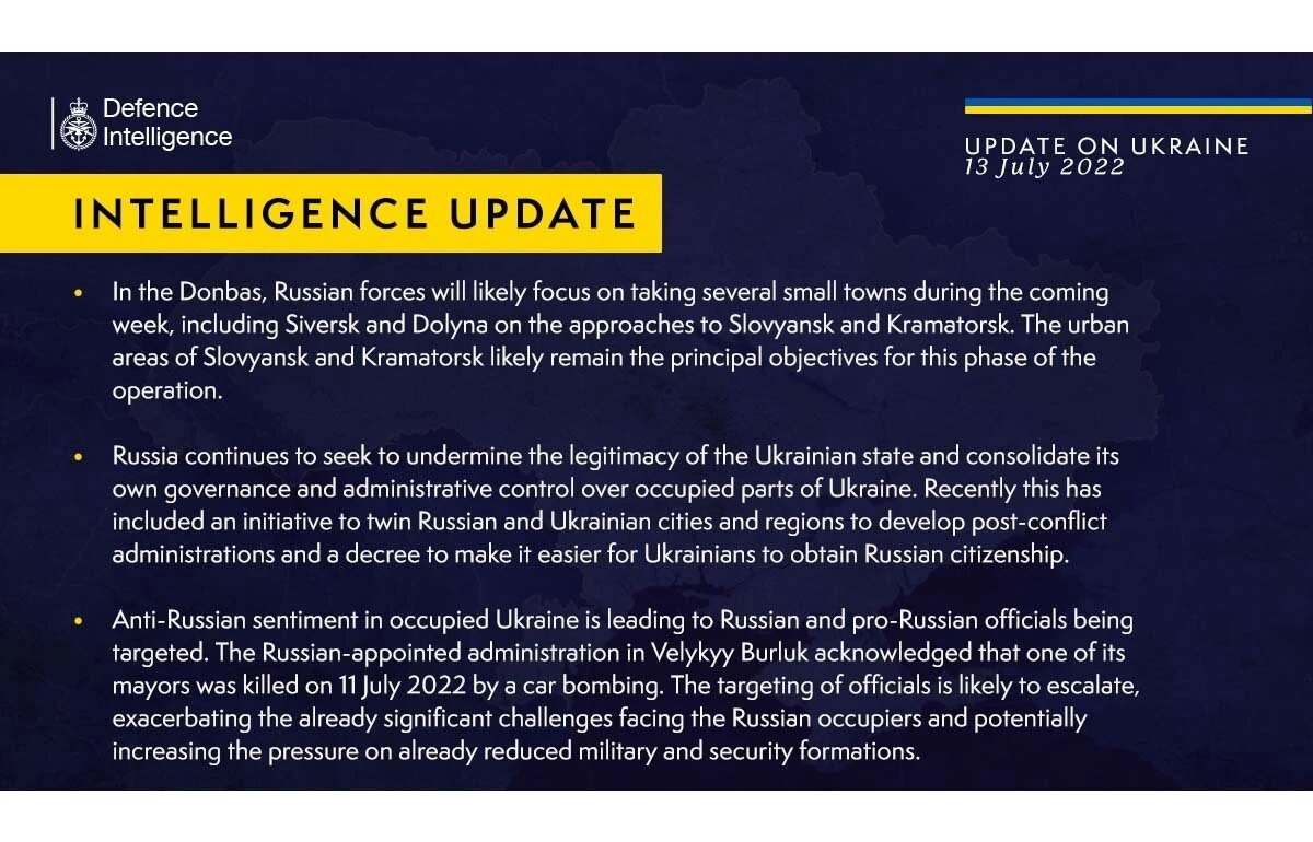 British Defense Intelligence Ukraine Update, July 13, 2022