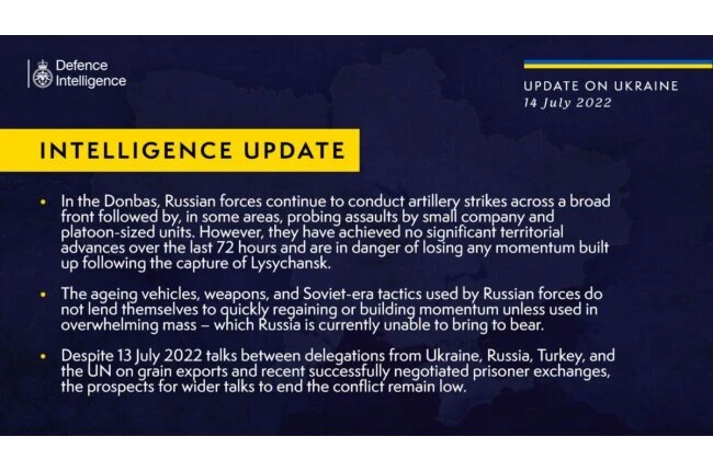 British Defense Intelligence Ukraine Update, July 14, 2022