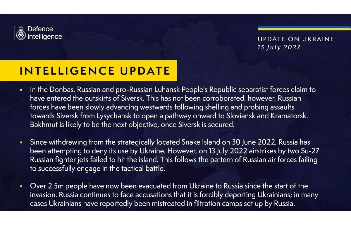 British Defense Intelligence Ukraine Update, July 15, 2022