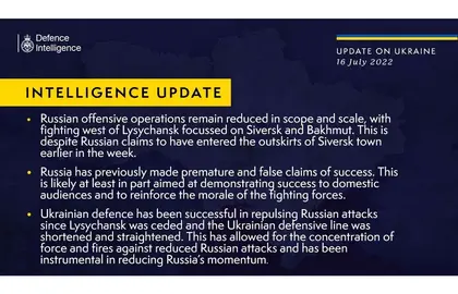 British Defense Intelligence Ukraine Update, July 16, 2022