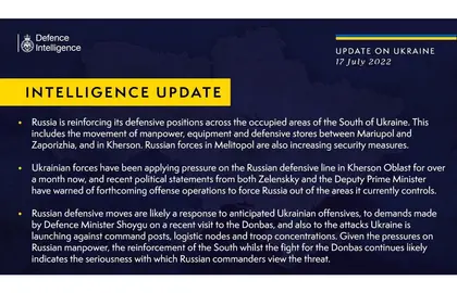 British Defense Intelligence Ukraine Update, July 17, 2022