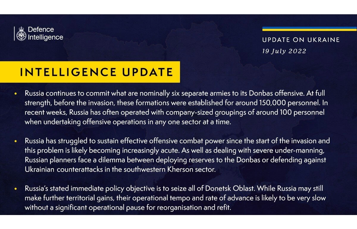 British Defense Intelligence Ukraine Update, July 19, 2022