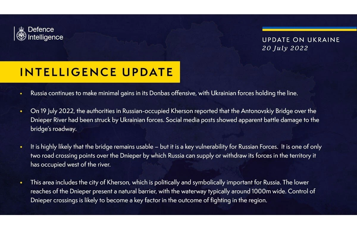 British Defense Intelligence Ukraine Update, July 20, 2022