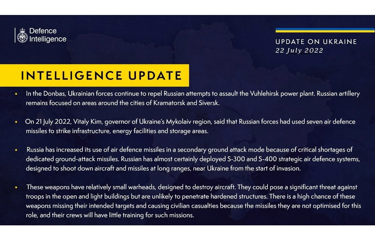 British Defense Intelligence Ukraine Update, July 22, 2022