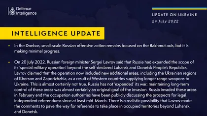 British Defense Intelligence Ukraine Update, July 24, 2022