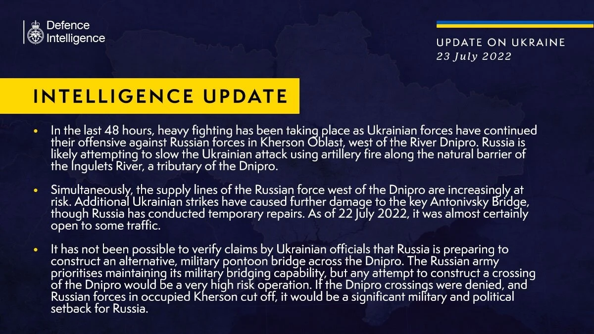 British Defense Intelligence Ukraine Update, July 23, 2022