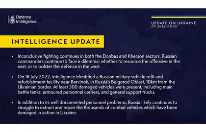 British Defence Intelligence Update Ukraine – 25 July 2022