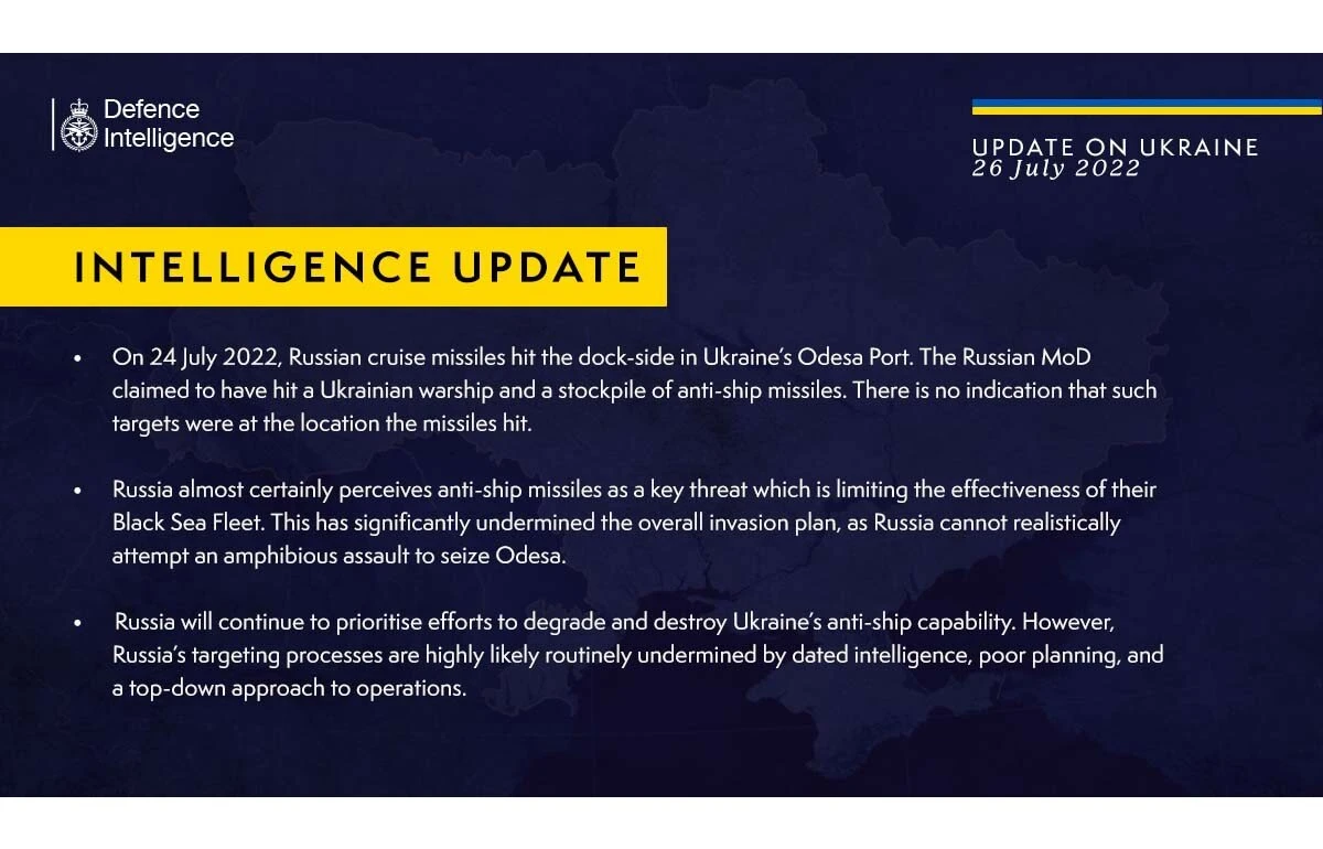 British Defence Intelligence Update Ukraine – 26 July 2022