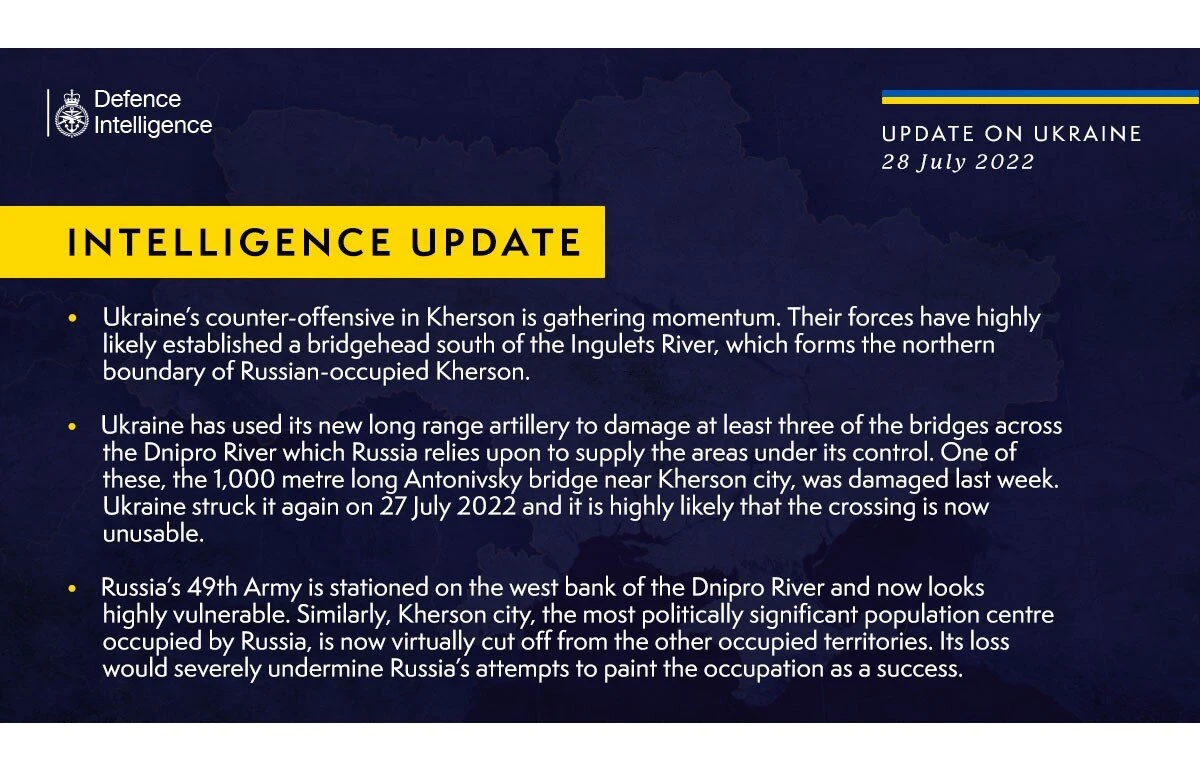 British Defence Intelligence Update Ukraine – 28 July 2022