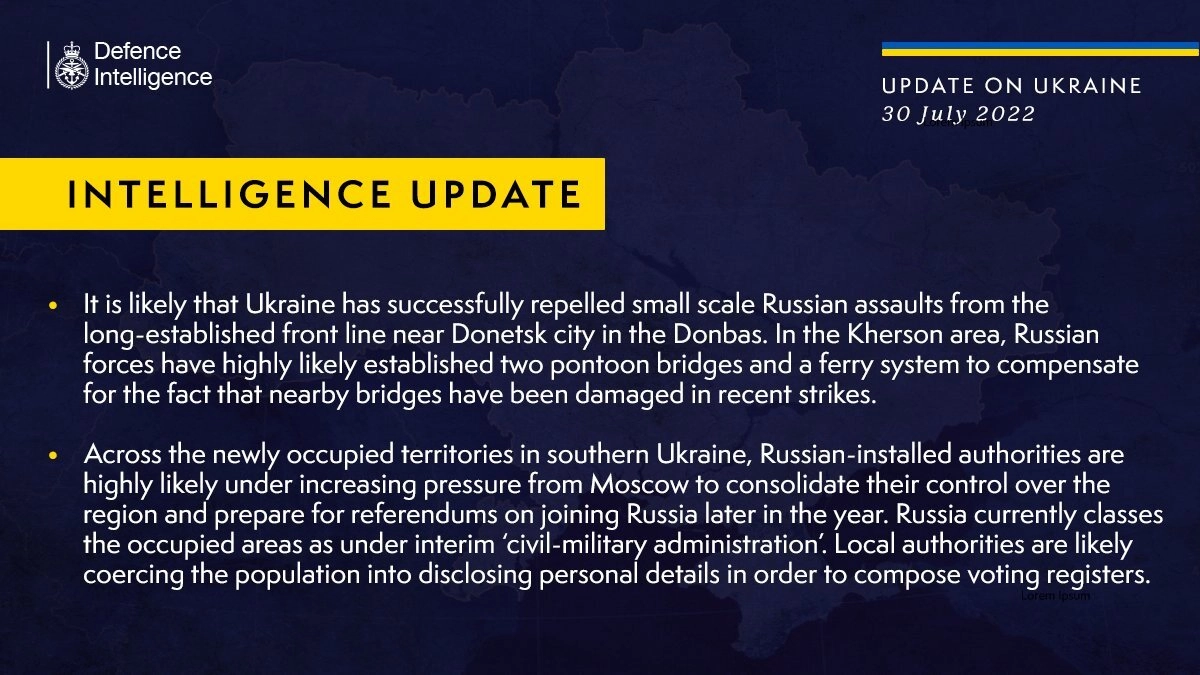 British Defence Intelligence Update Ukraine – 30 July 2022