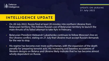 British Defence Intelligence Update Ukraine – 31 July 2022