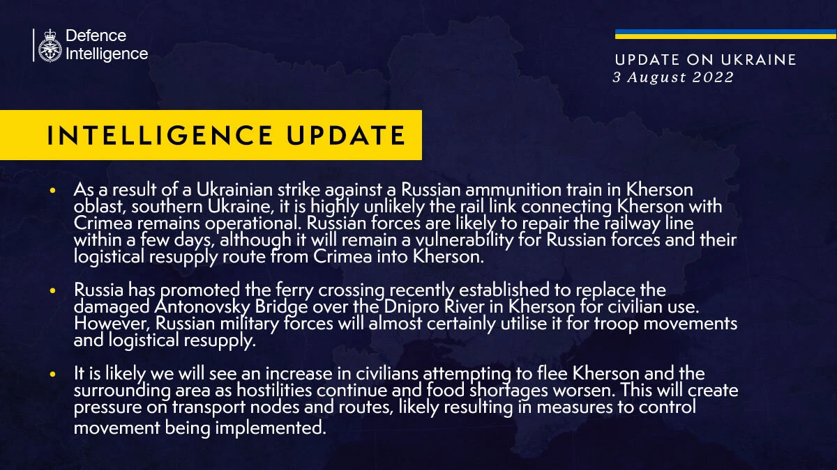 British Defence Intelligence Update Ukraine – 3 August 2022