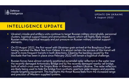 British Defence Intelligence Update Ukraine – 4 August 2022