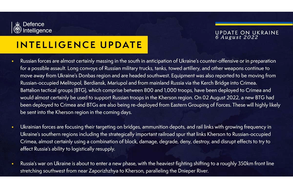 British Defence Intelligence Update Ukraine – 6 August 2022