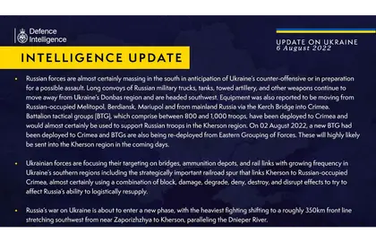 British Defence Intelligence Update Ukraine – 6 August 2022