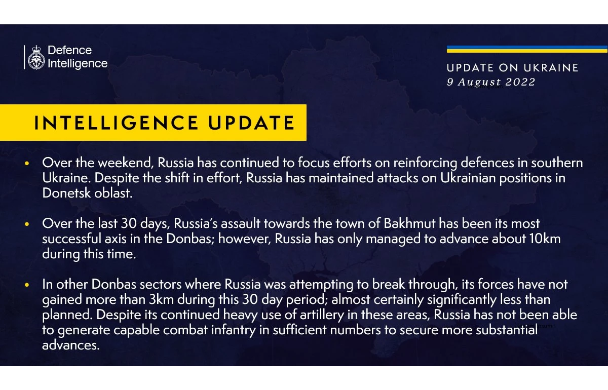 British Defence Intelligence Update Ukraine – 9 August 2022