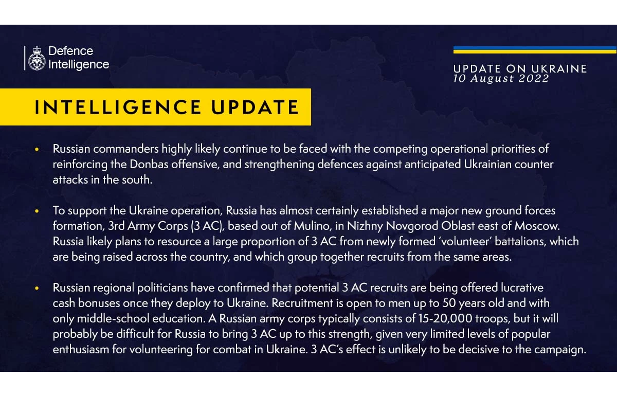 British Defence Intelligence Update Ukraine – 10 August 2022