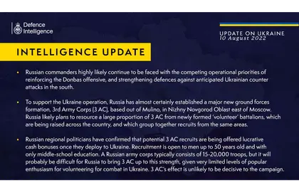 British Defence Intelligence Update Ukraine – 10 August 2022