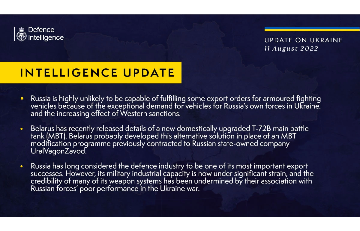 British Defence Intelligence Update Ukraine – 11 August 2022