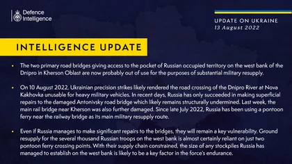 British Defence Intelligence Update Ukraine – 13 August 2022