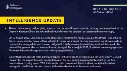 British Defence Intelligence Update Ukraine – 13 August 2022