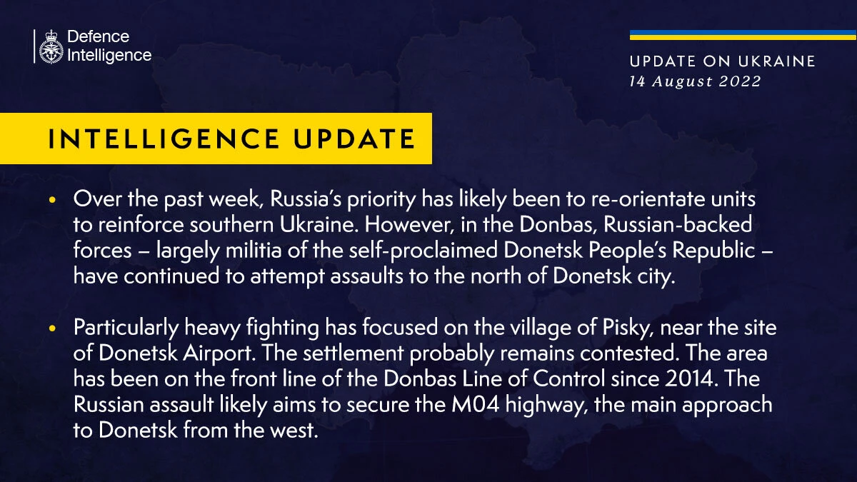 British Defence Intelligence Update Ukraine – 14 August 2022