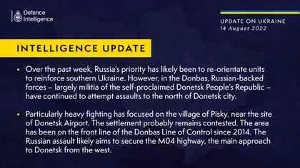 British Defence Intelligence Update Ukraine – 14 August 2022