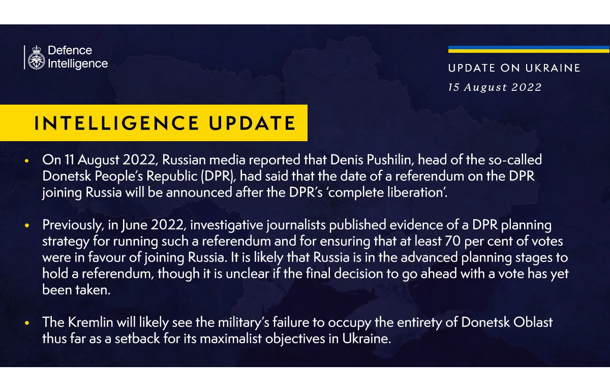 British Defence Intelligence Update Ukraine – 15 August 2022
