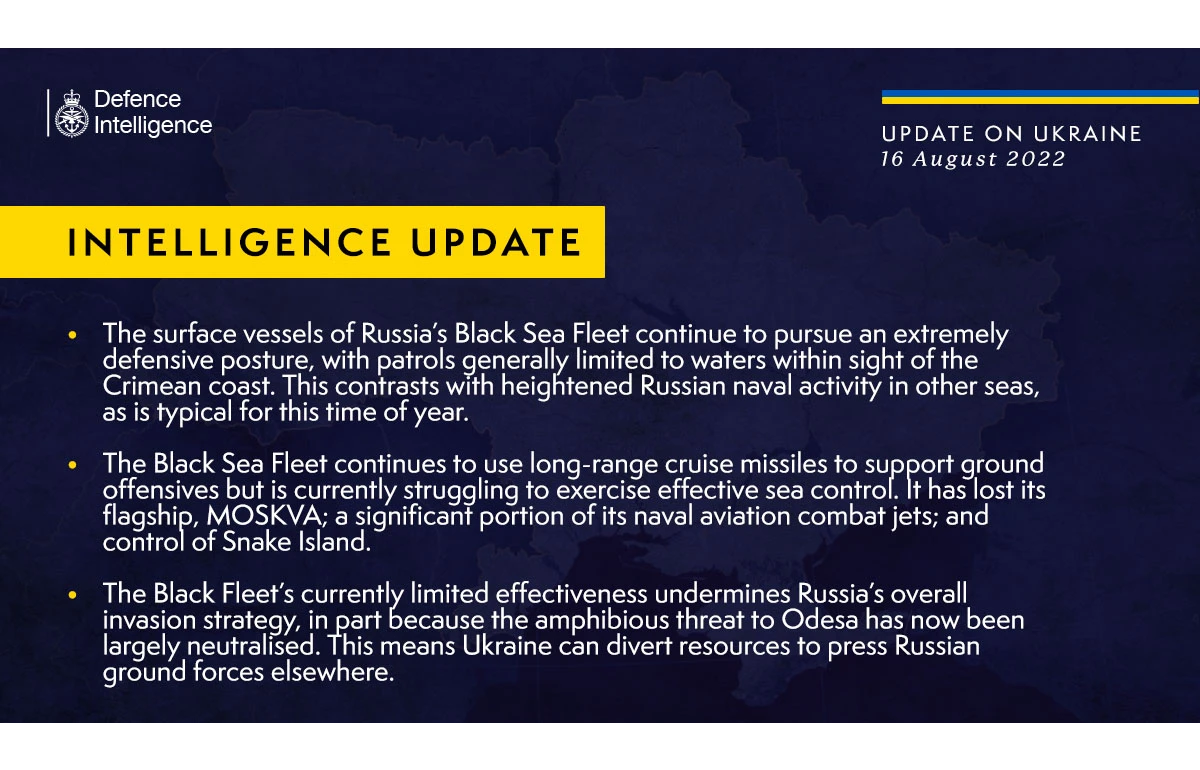 British Defence Intelligence Update Ukraine – 16 August 2022