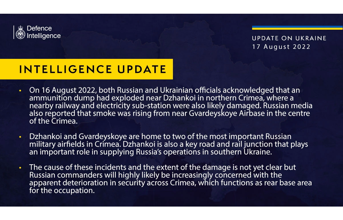 British Defence Intelligence Update Ukraine – 17 August 2022
