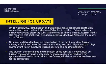 British Defence Intelligence Update Ukraine – 17 August 2022