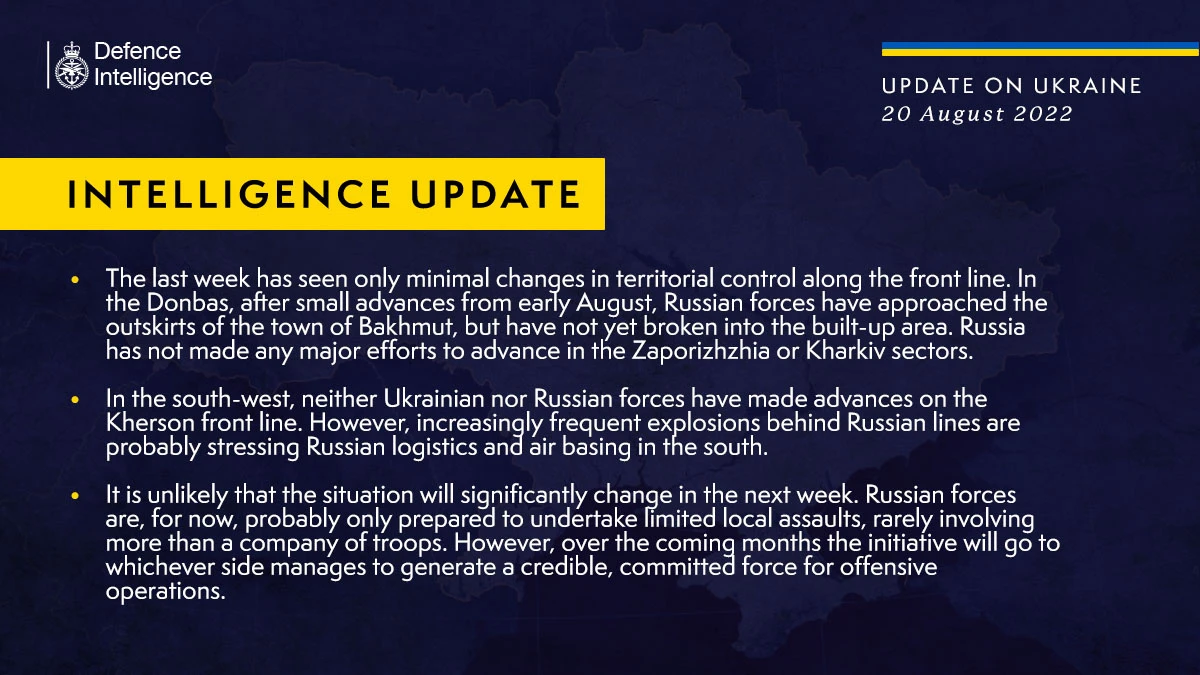 British Defence Intelligence Update Ukraine – 20 August 2022
