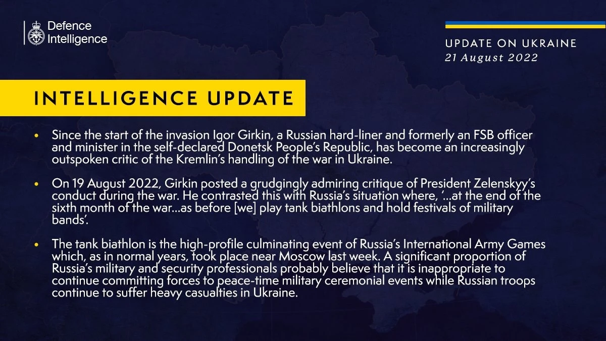 British Defence Intelligence Update Ukraine – 21 August 2022