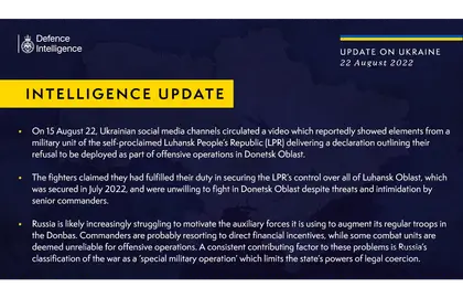 British Defence Intelligence Update Ukraine – 22 August 2022