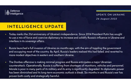 British Defence Intelligence Update Ukraine – 24 August 2022